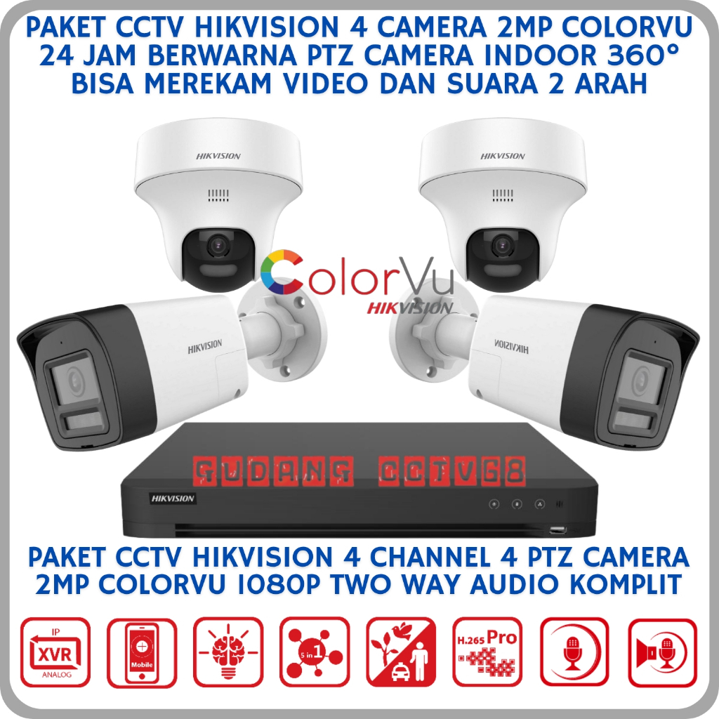 PAKET CCTV HIKVISION 4 CAMERA 2MP COLORVU TWO WAY AUDIO SERIES 1080P CAMERA CCTV SUARA 2 ARAH 360°