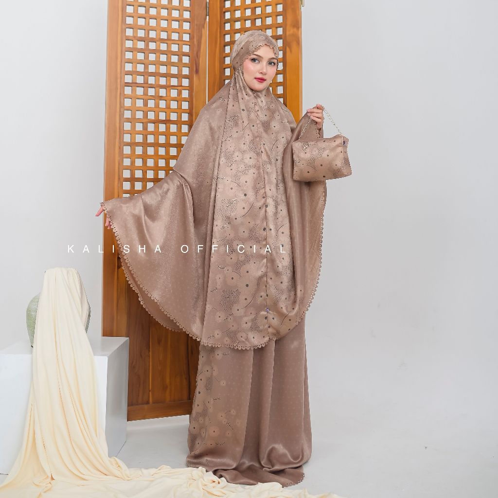Kalisha - Mukena Dewasa Silk Motif Mukena Santorini Mukena 2in1 Jumbo Mukena Satin Silky Lasercut