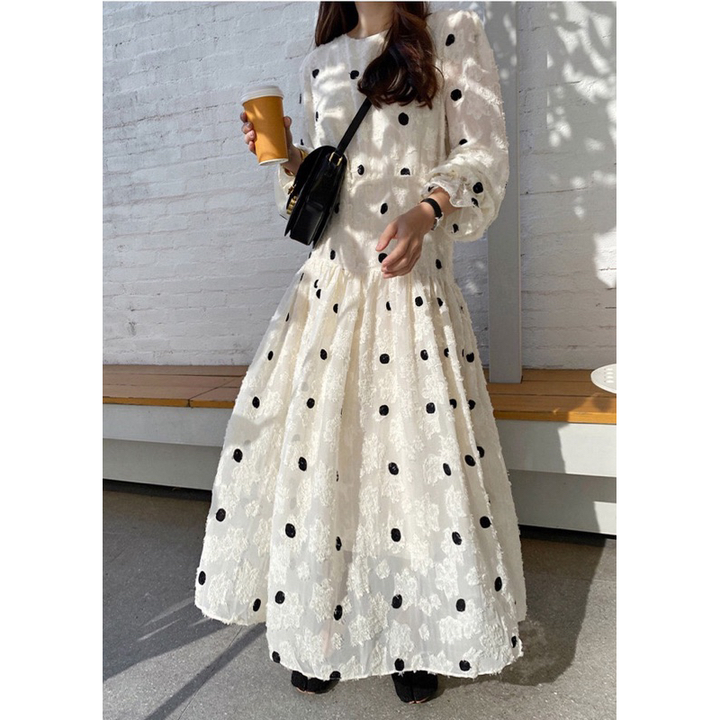Anny Dress (Korean Long Sleeve Texture Polkadot Dress Import)