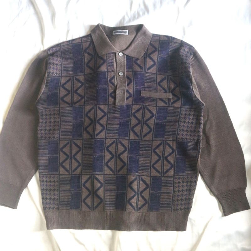 (NO NEGO) VANQUISH Motif Pattern Vintage Long Polo Shirt Minus Kancing 1 Kerah Lengan Panjang Knitwe