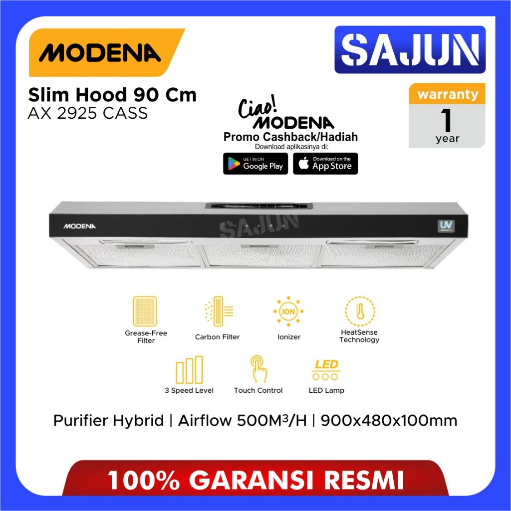 Modena Purifier Slim Hood 90cm Hybrid AX-2925 CASS Cooker Hood AX2925CASS