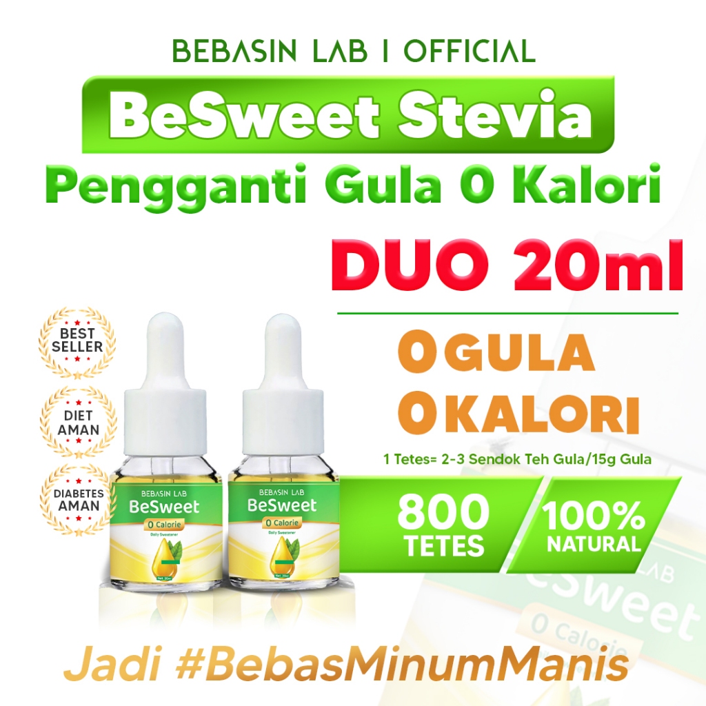 

BebasinLab - "DUO BeSweet Stevia" (DUO 20ml). 0 Kalori, Pemanis Alami, Pengganti Gula, Bebas Kalori, Aman untuk Diabetasi. #BebasMinumEnak