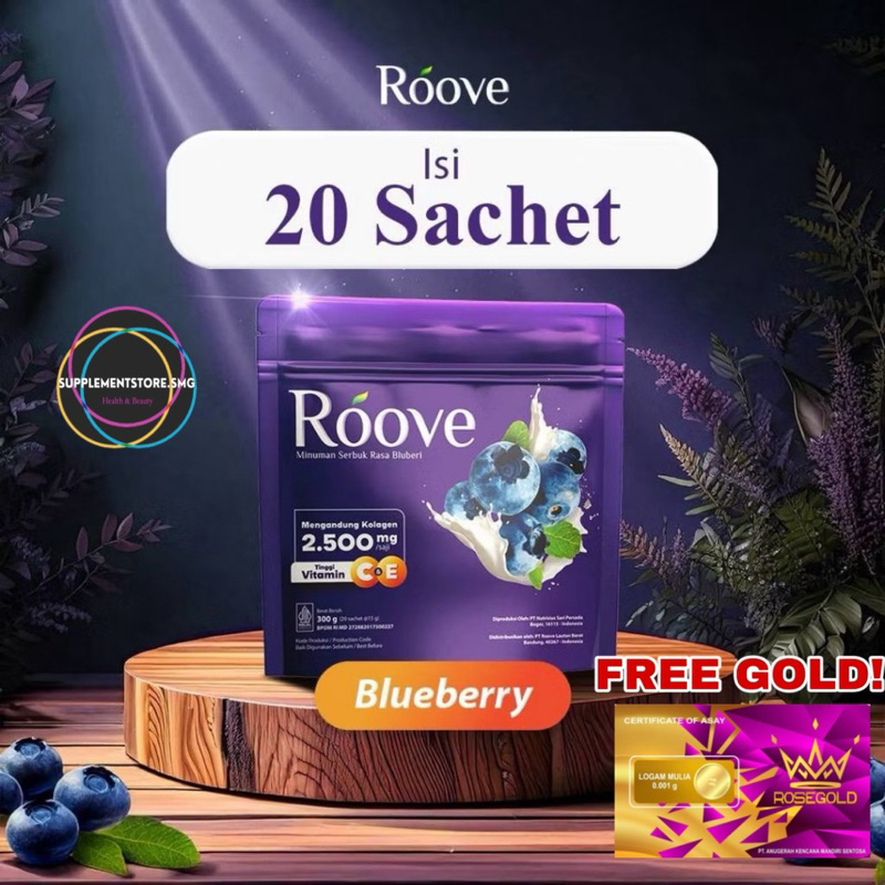 

(FREE EMAS!) ROOVE Blueberry 1 POUCH Isi 20 Sachet Collagen Drink Original Suplemen Kecantikan Minuman Kolagen
