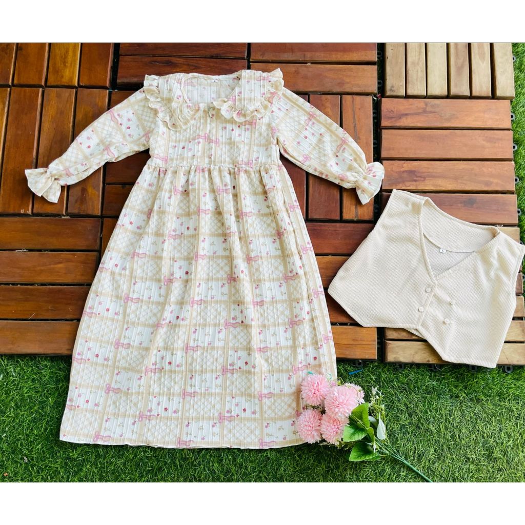 GAMIS ANAK PEREMPUAN KOREAN VEST KEKINIAN 1-11 TAHUN//GAMIS ANAK KOREAN STYLE DENGAN VEST KANCING