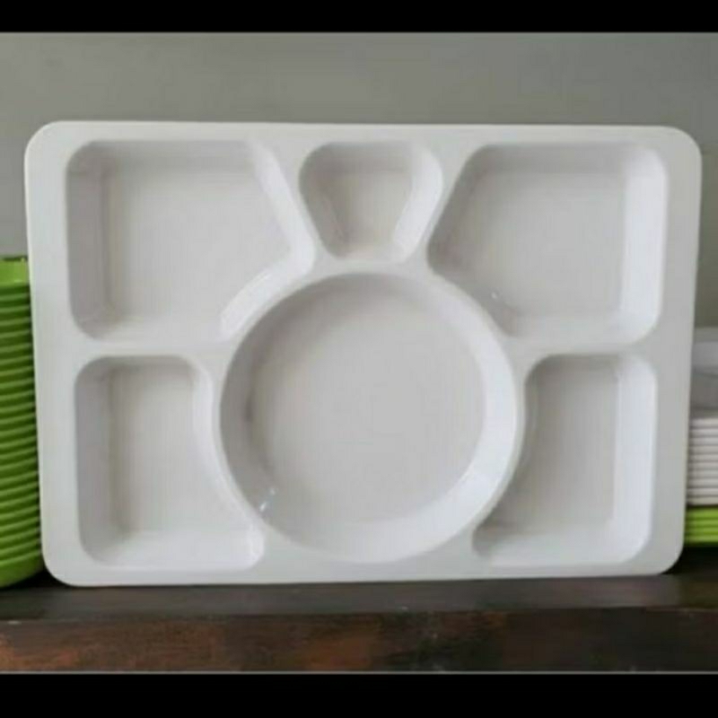 Tray Piring Makan Sekat 6 Unica Putih Warna Warni 17" 43x30CM Piring Makan Nasi Saji Sayur Lauk Maka
