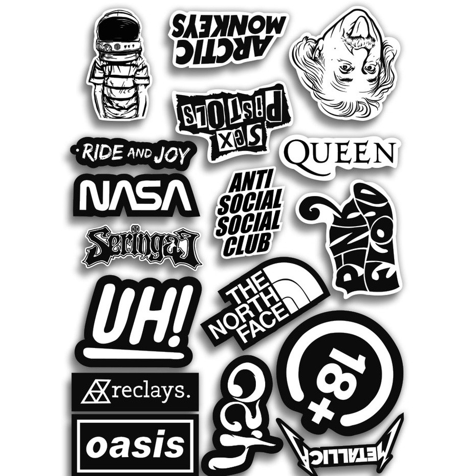 

STICKER PACK BRAND BLACK WHITE - STIKER AESTHETIC LAPTOP, AKSESORIS HP, ANTI AIR, MOTIF,HELM,TUMBLER