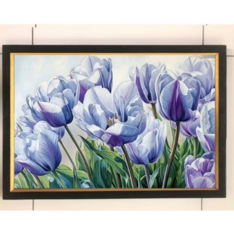 Hiasan dinding cetak gambar plus bingkai bunga tulip ungu ukuran 65*45