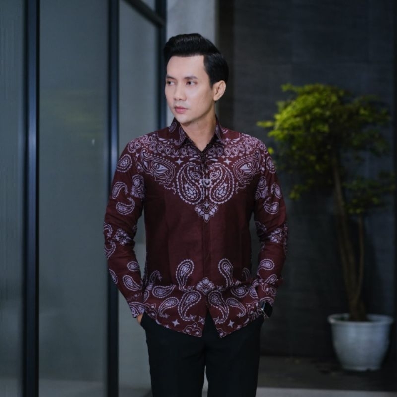Hot Deals Batik As Motif Bara Merah Maroon Burgundy Kemeja Batik Pria Slimfit Lengan Panjang Pendek