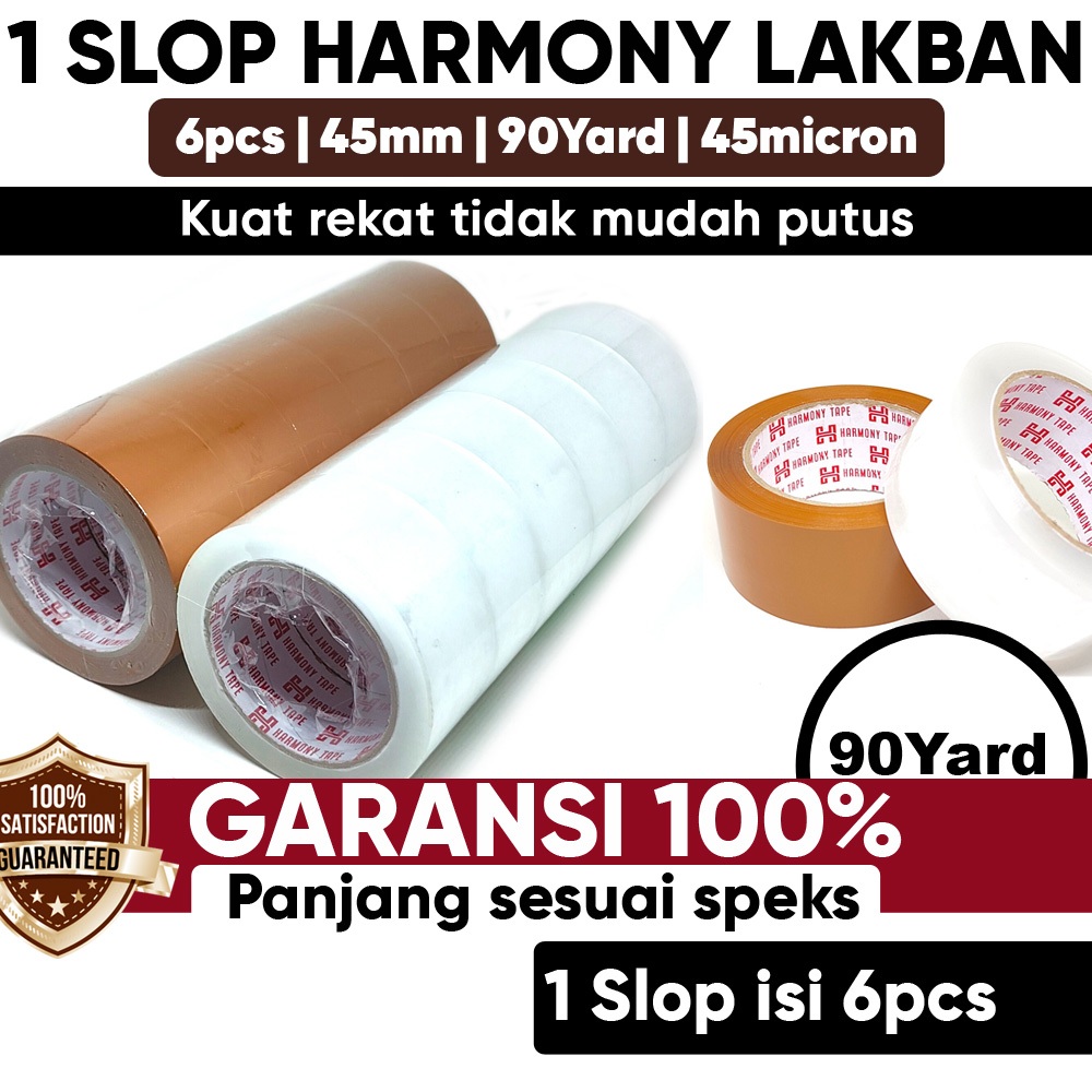 

1 Slop Isi 6 pcs - Lakban Bening Coklat Besar Murah 90 Yard 45 mm Merk Harmony Kuat Rekat Tidak Mudah Putus