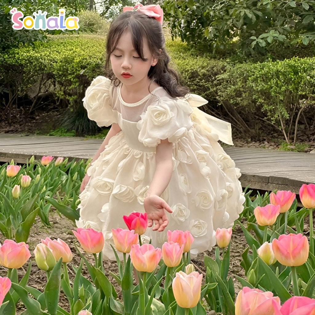 Baju Gaun Pesta Anak Perempuan Usia 1-8 Tahun Gaun Bunga Mawar Kain Buatan Tangan Lucu Dan Bergaya