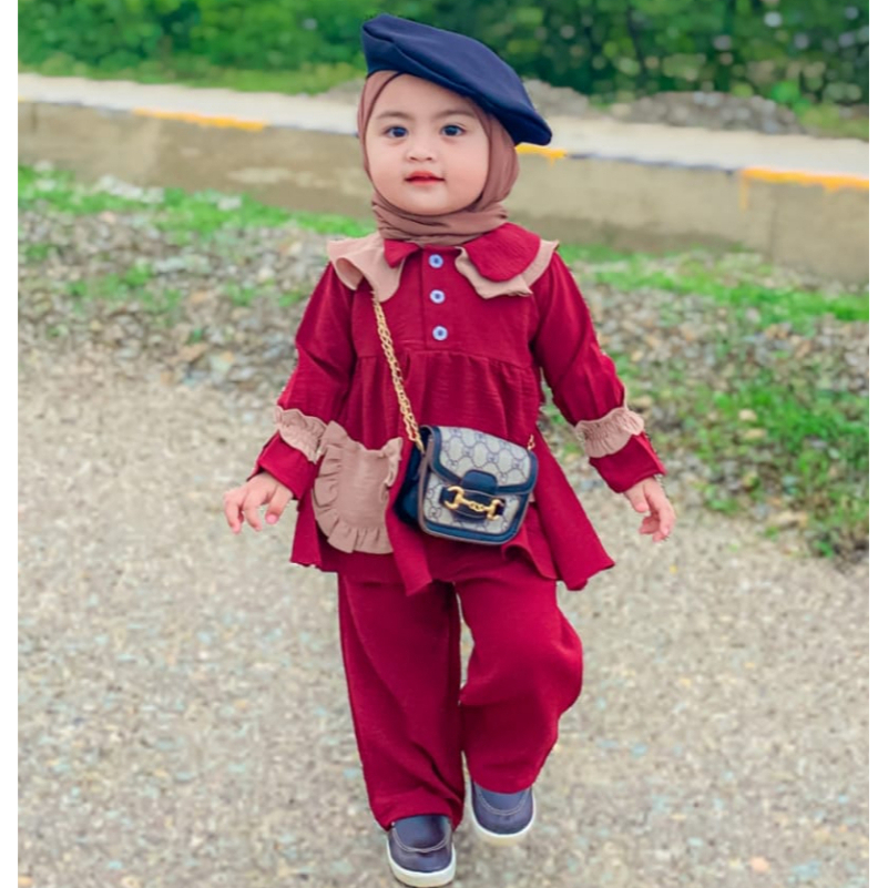 Aiska Hijab Setelan Tunik Oneset Baju Celana Muslimah Anak Bayi Cewek Perempuan Lengan Panjang Usia 