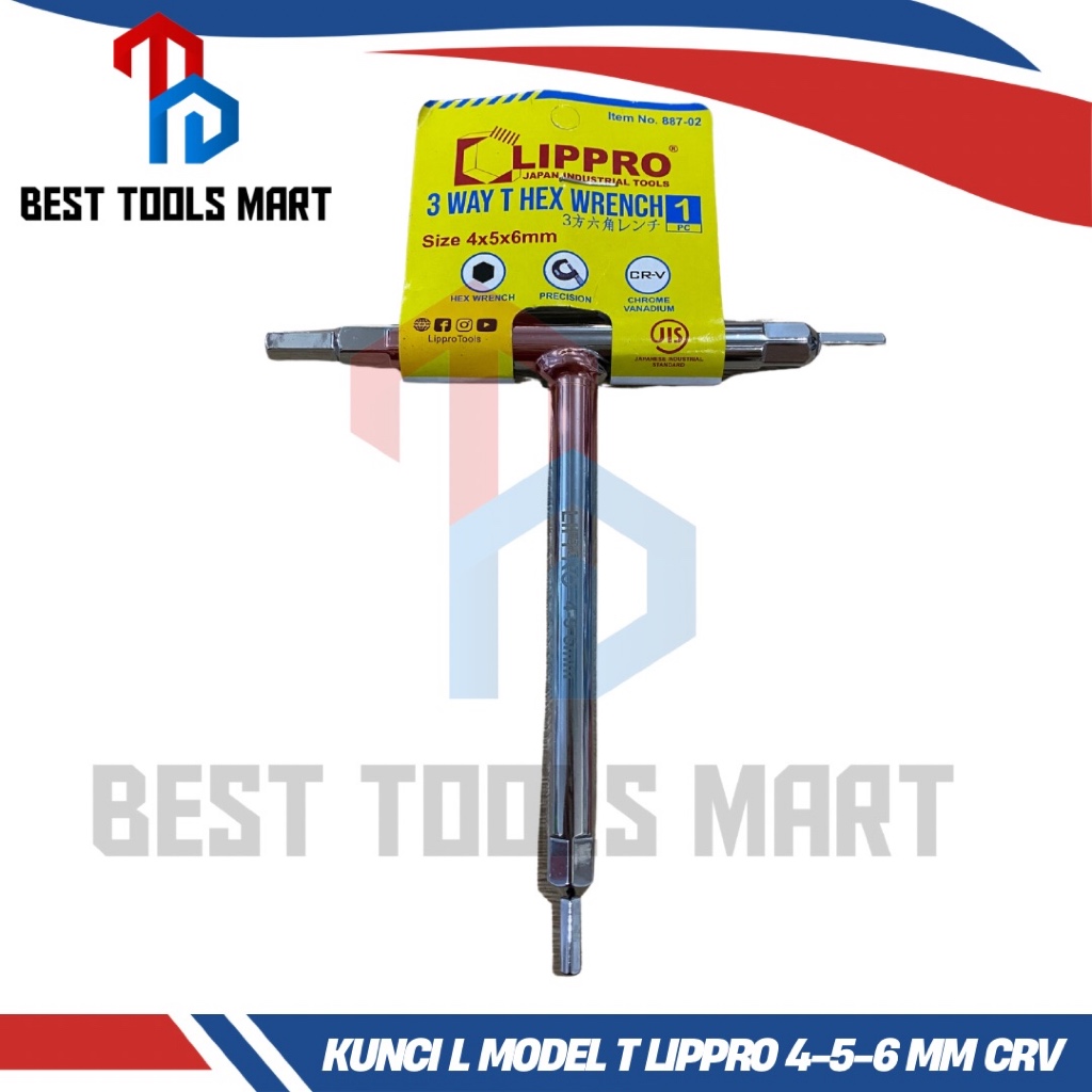 Kuncil L 3-way Lippro kunci L model T 3 ukuran 4 mm 5 mm 6 mm Lippro Kunci L 3 Way Model T Ukuran 4 