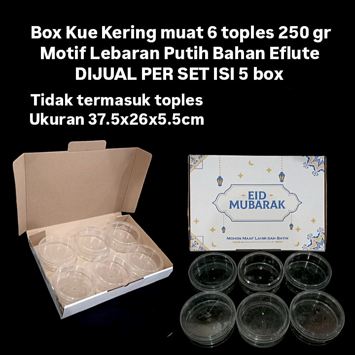 

1 Set Isi 5 Box Parcel Cookies Lebaran Kardus Packing Kuker Eid Mubarak Isi 6 Toples Bulat 250 Gram