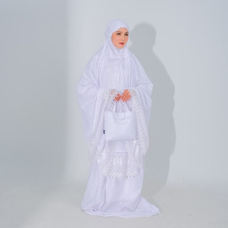 Mukena Dewasa Full Bordir - Zoya Verena Prayer Set - Bahan Katun - Putih - mukena atasan bawahan