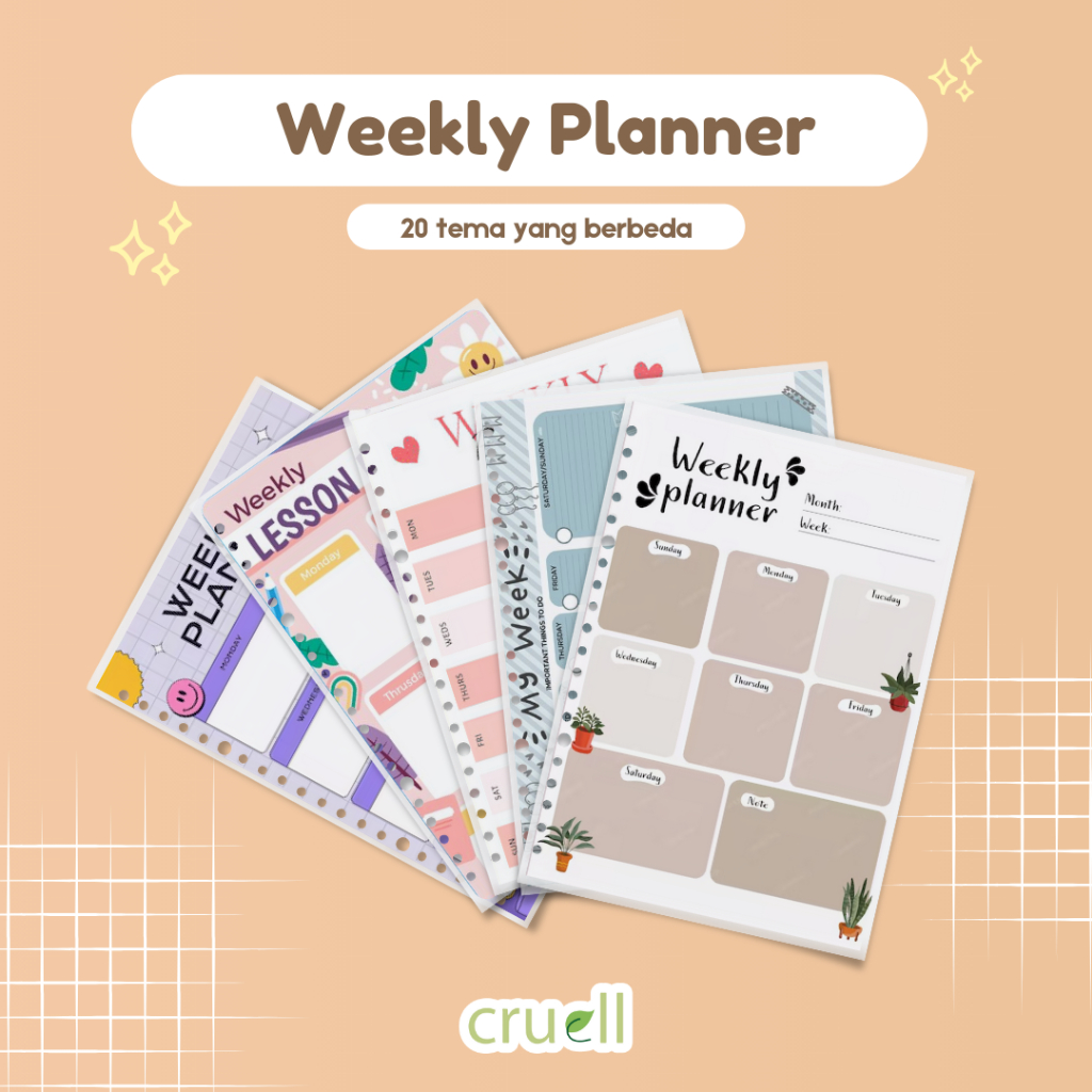 

Cruell Weekly Planner Loose Leaf A5 Full Color Isi Binder HVS 100 gsm 20 Lubang