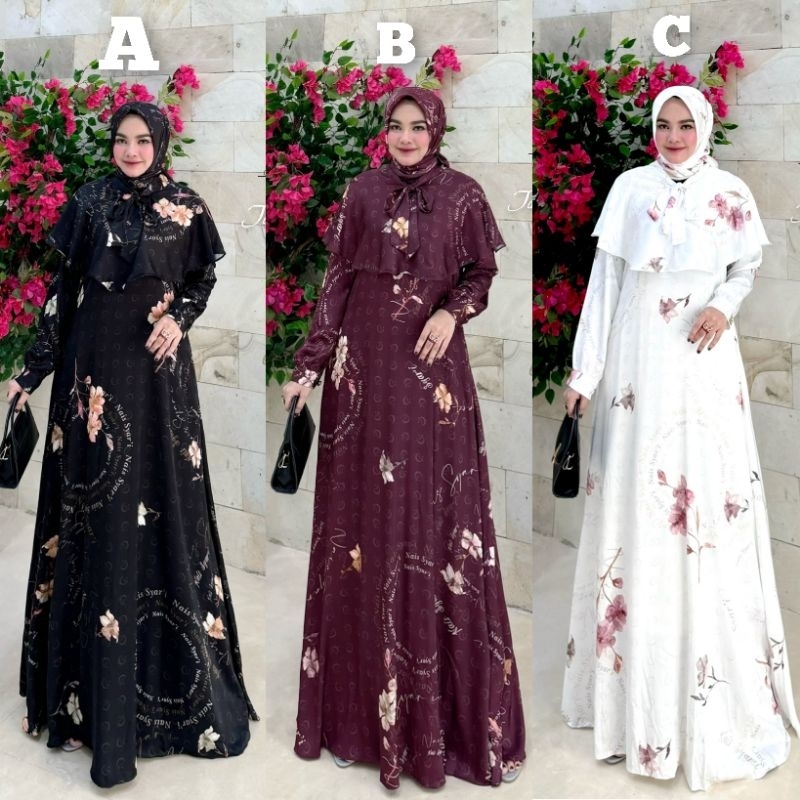 Baju Gamis Printing mewah branded premium Tamara by Nais Syari set scarf