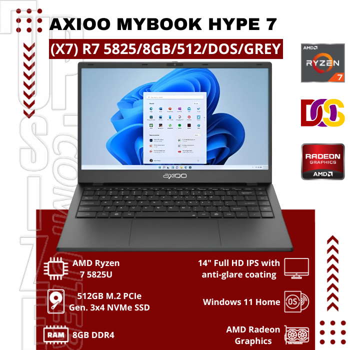 Axioo Mybook Hype 7 (X7) R7 5825/8GB/512/DOS/GREY AMD Ryzen 7 5825U