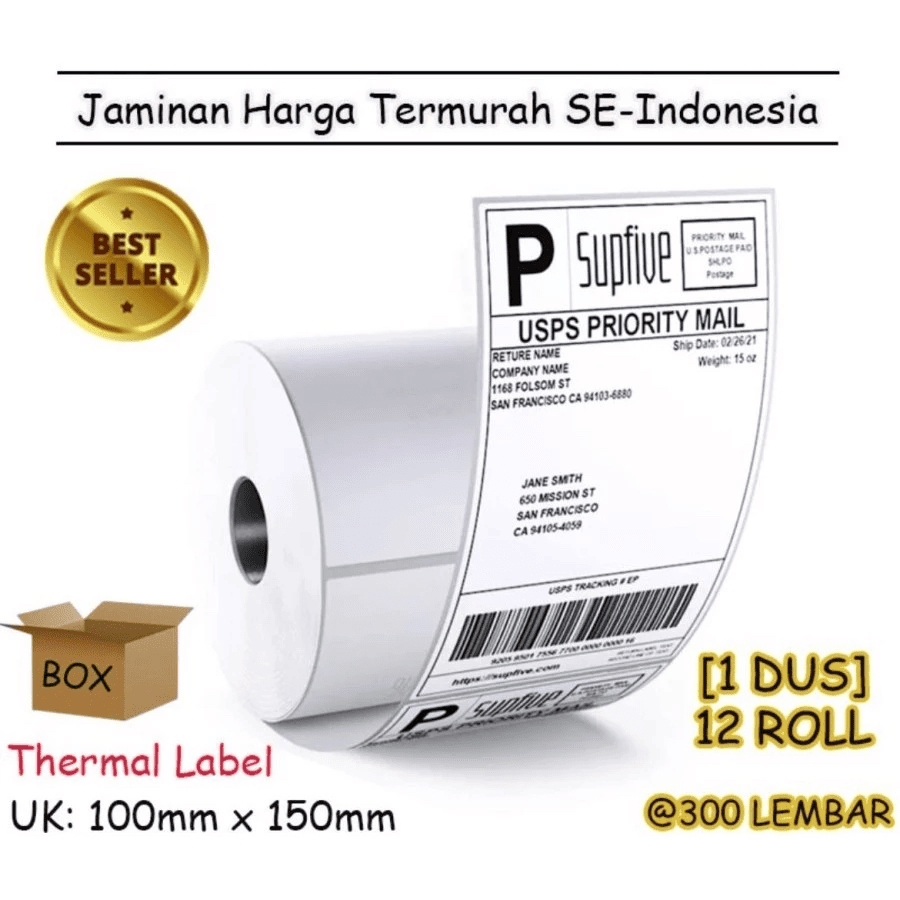 

KERTAS RESI LABEL THERMAL BARCODE ROLL A6 100x150 mm (300 Pcs) - BOX