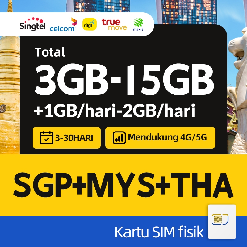Singapura-Malaysia-Thailand 3GB-15GB + 1GB/hari-2GB/hari Kartu Perjalanan Data Kecepatan Tinggi 4G/5