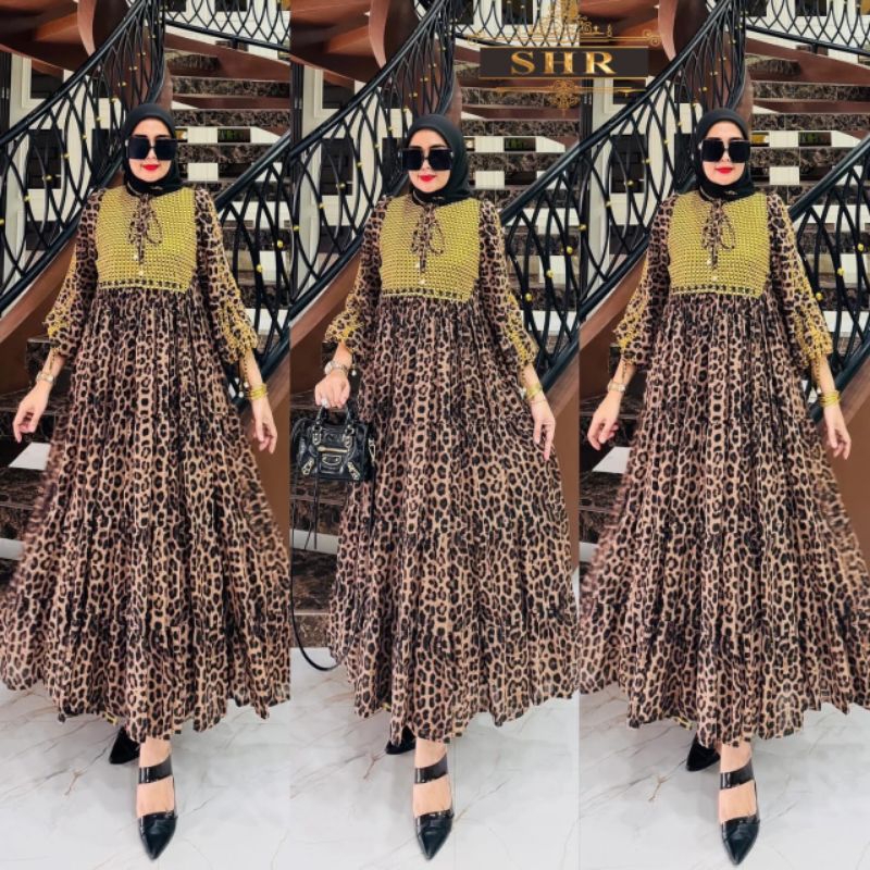 SHR ORI READY GAMIS MIDI LEOPARD CERUTY IMPORT FULL FURING MIX SCUBA IMPORT BY SHR ORI