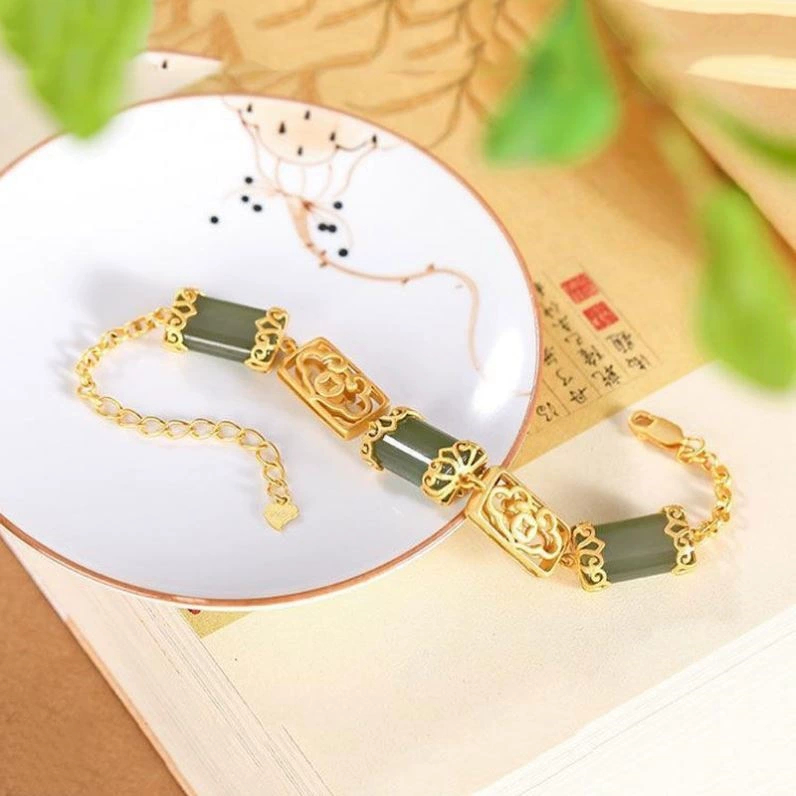 S925 sterling gelang emas-plated perak wanita alami Hotan Jade sapphire personalitas antik Ruyi gela