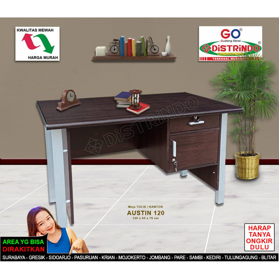 DISTRINDO Meja Kerja Kaki Besi Kokoh / Meja Kantor Minimalis dengan Lemari Laci + Kunci