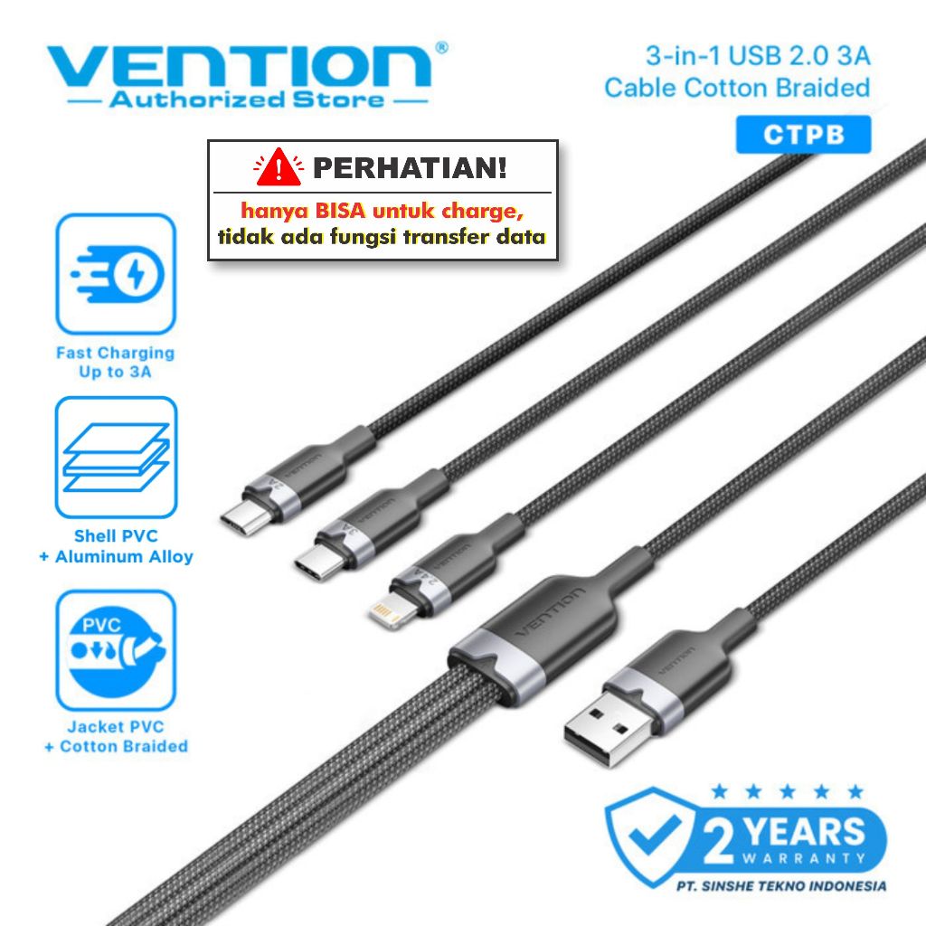 VENTION Kabel Data Charger 3 IN 1 USB A 2.0 to Type C Micro USB Lightning 3A 6A Fast Charging Braide