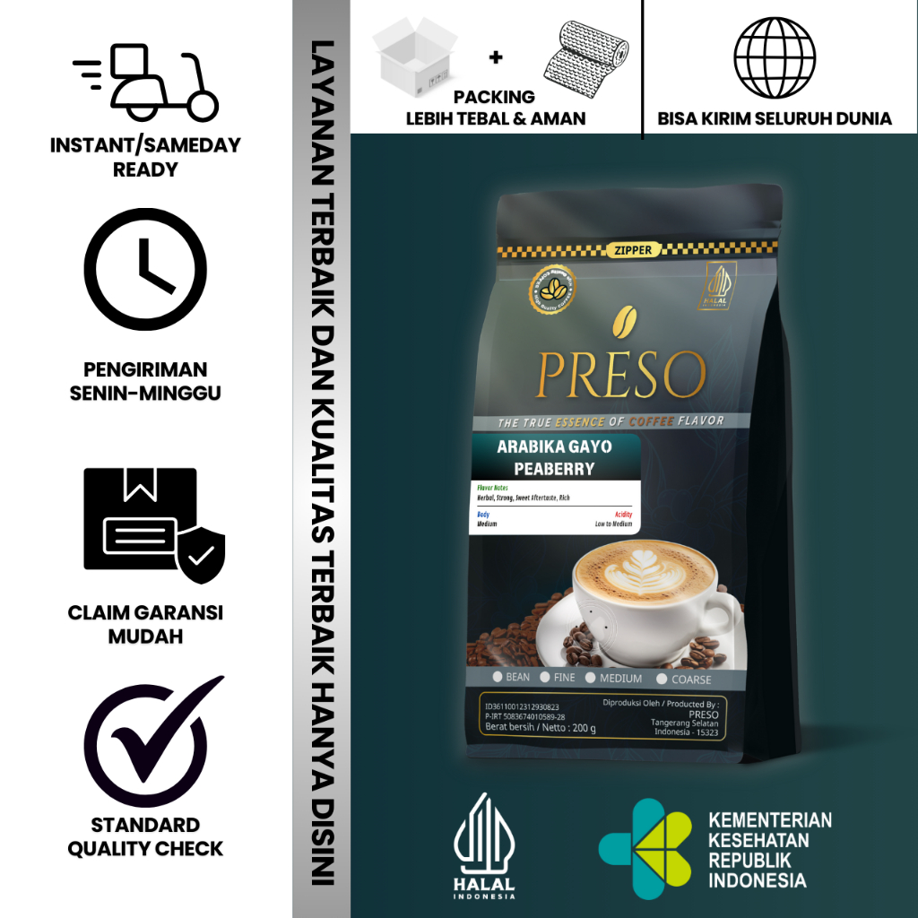 

PRESO Biji Kopi Bubuk Arabika Gayo Peaberry Sumatra Coffee Roast Beans Espresso Bean Coffe 200 gram