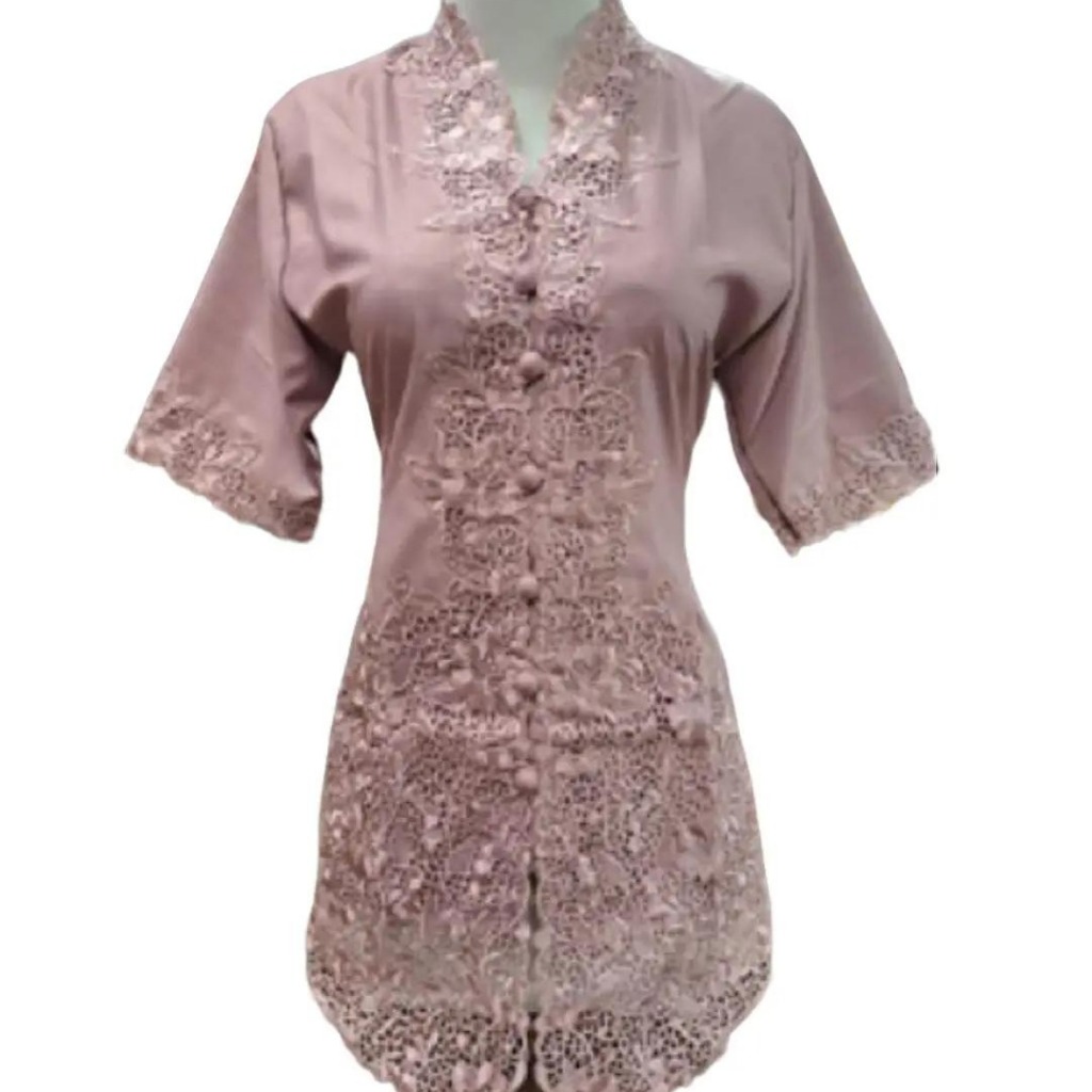 Atasan Kebaya Encim Bordir Polos Lengan Pendek Bahan Katun Premium Warna Cokelat Susu