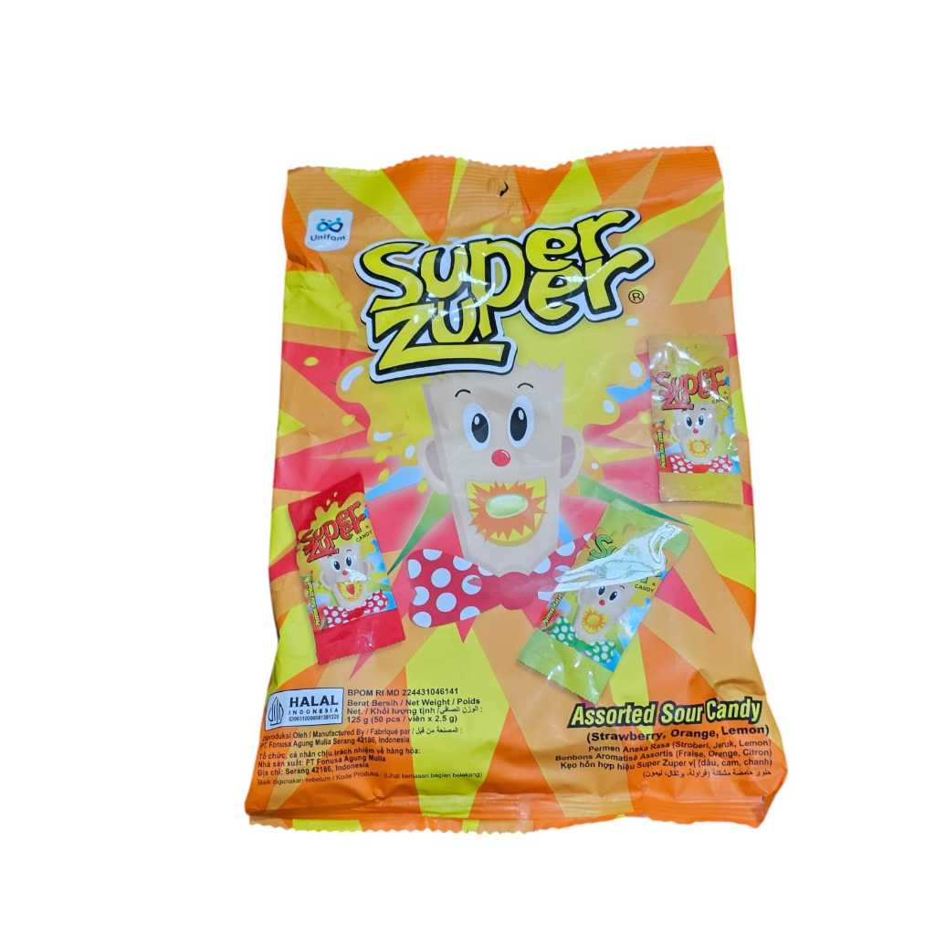 

Super Zuper Assorted Sour Candy 125gr ( 50pcs x 2.5gr) Strawberry Orange Lemon.. Permen Asam Manis Rasa Buah