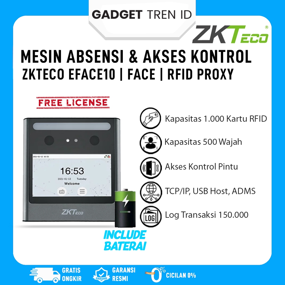 Mesin Absensi Wajah ZKTECO EFACE 10 | Mesin Akses Kontrol RFID Proxy ZKTeco EFACE10 | Ada Battery BE