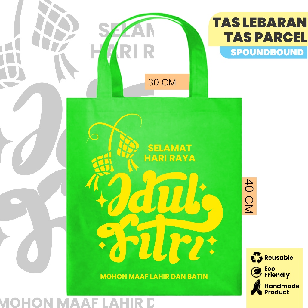 

GOODIEBAG SABLON HIJAU 2 UKURAN 30x40x10 – TAS PARCEL IDUL FITRI / GOODIEBAG SABLON