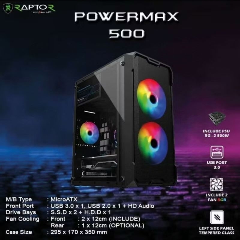 Casing Gaming Raptor Powermax 500 include PSU 500WATT + 2 Fan RGB