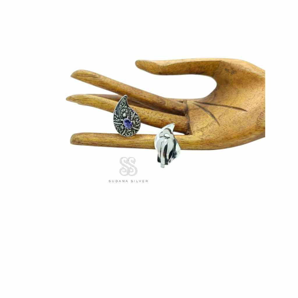 Anting Rumbing Jepit Amethyst Perak Bakar Silver 925 Handmade Bali