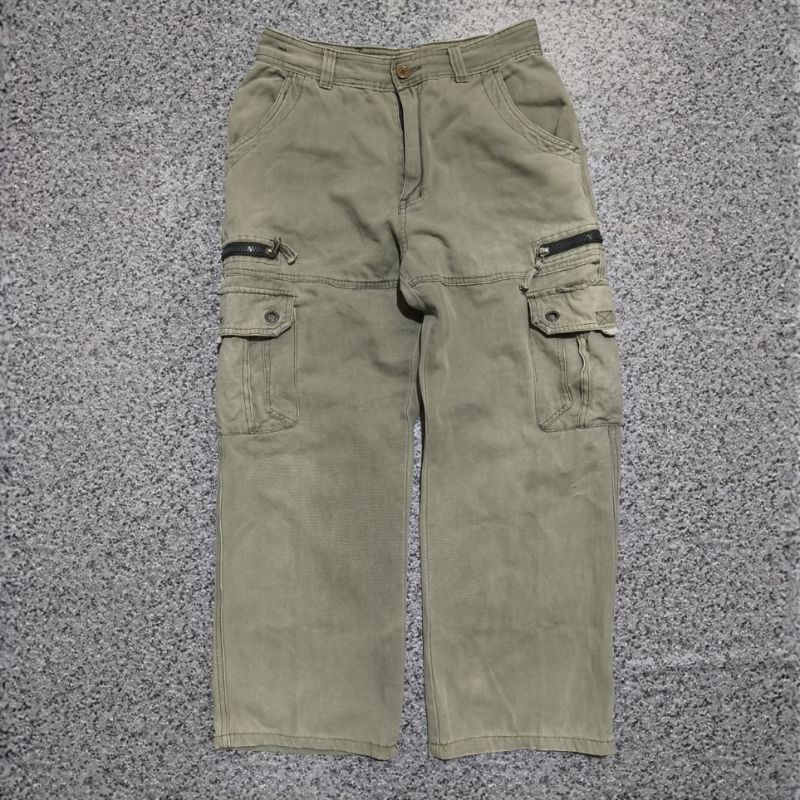 Cargo Pants Multipocket Canvas Hijau Navy Celana Kargo Baggy Casual Oversize Y2k Second