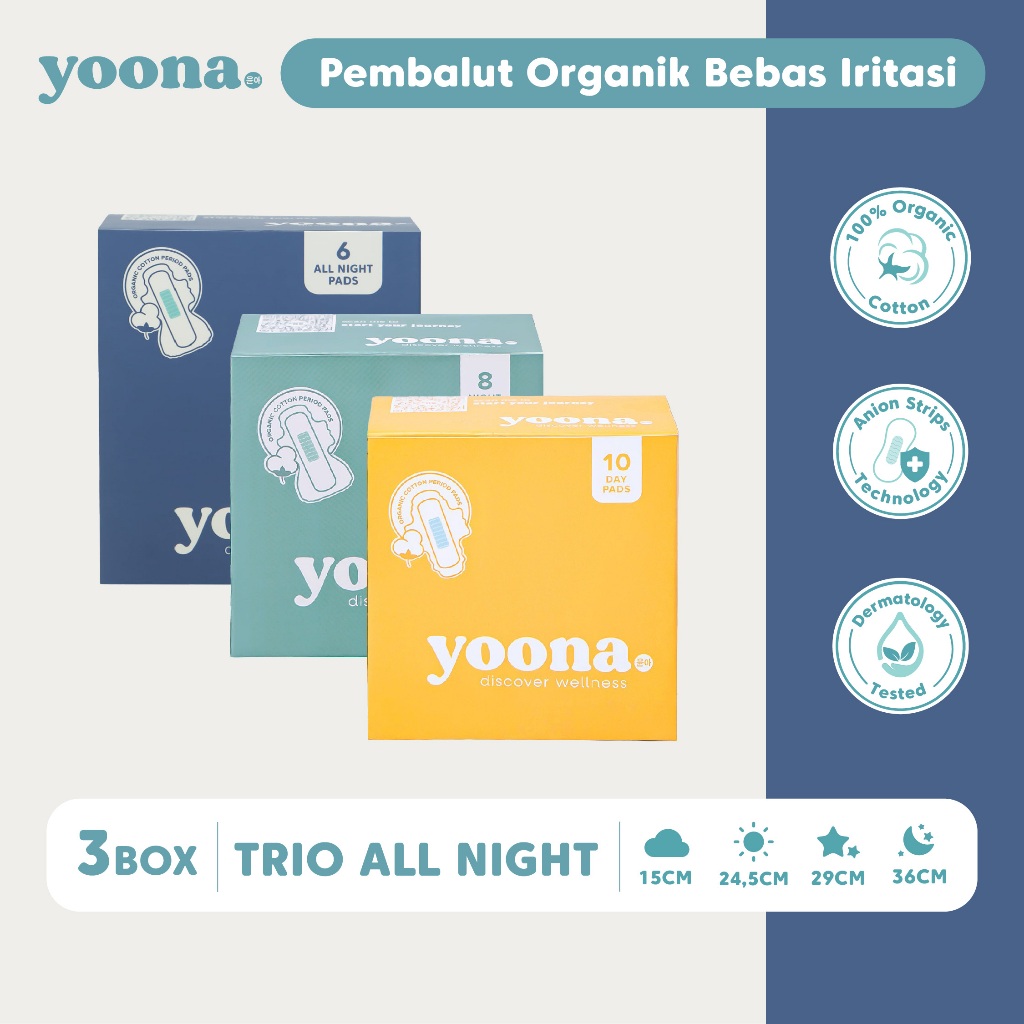 YOONA Trio Pack All Night (3 Box) | Pembalut Organik / Organic Pads