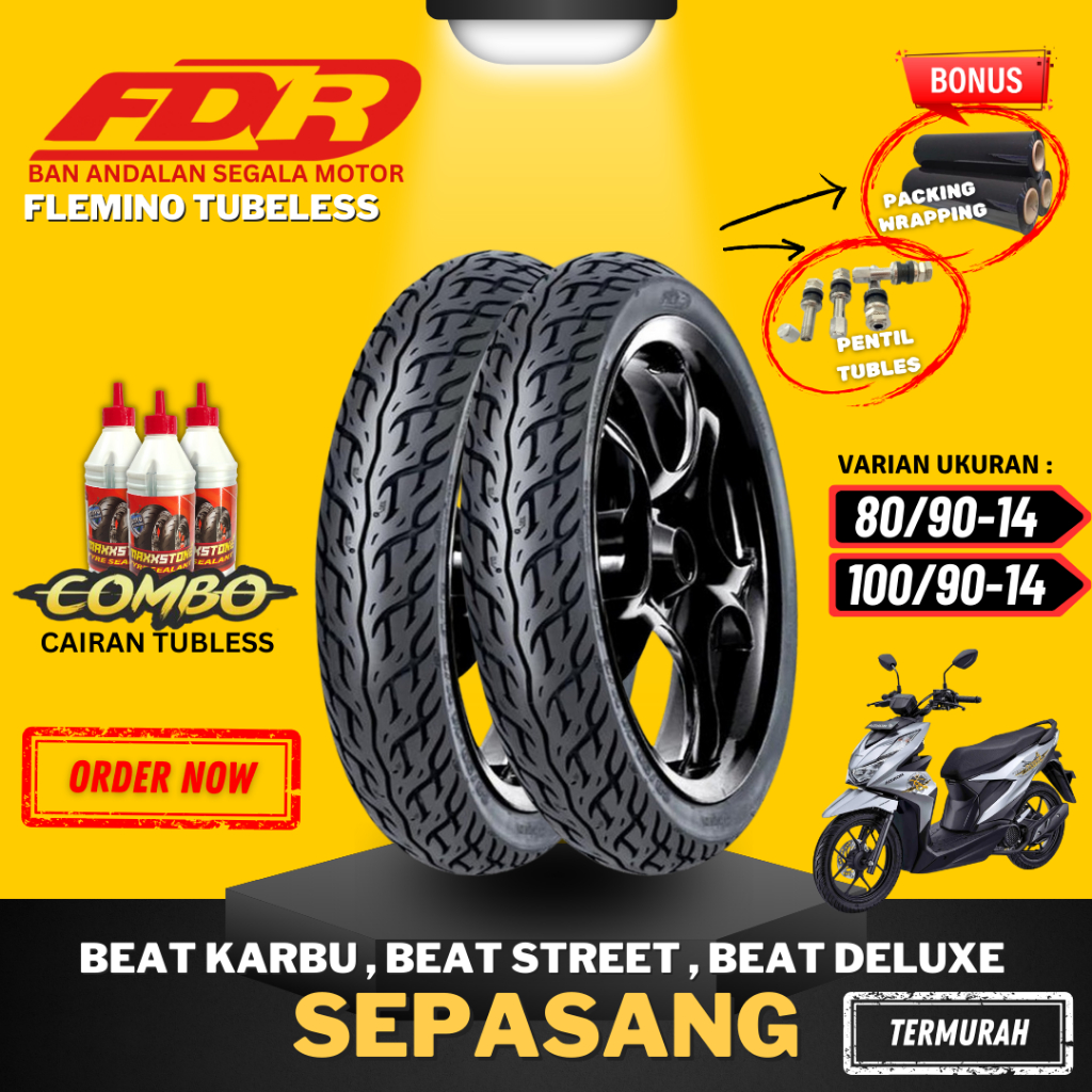 [COMBO SEPASANG] BAN FDR FLEMINO RING 14 / ( 80/90-14 & 100/90-14 ) BAN FDR TUBELESS TUBLES RING 14 