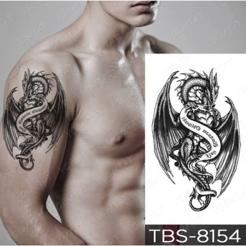 Tato Temporer Tattoo Tatto Temporary Tahan Air Sementara Anti Air Seri TBS-8154 Motif Naga Hitam Say