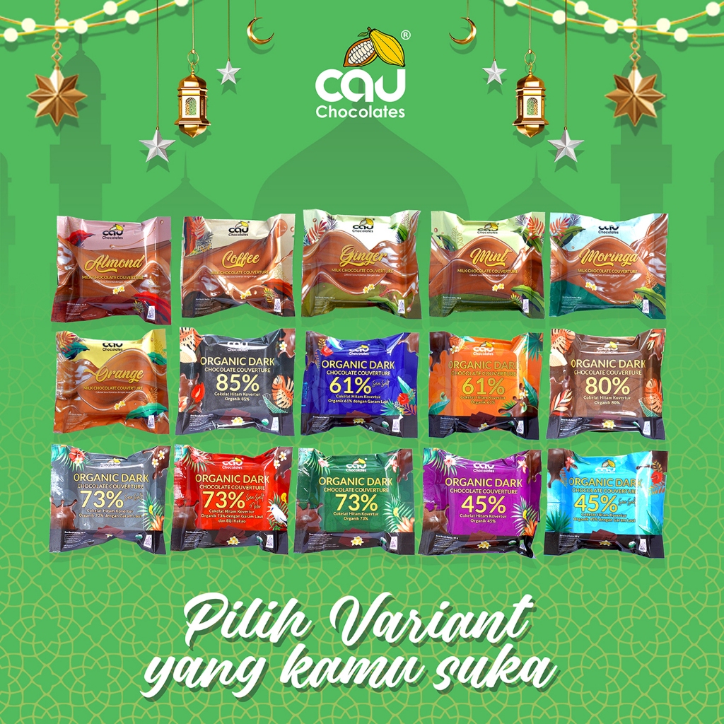 

Organic Dark Chocolate Couverture 85%, 80%, 73%, 61%, 45% dan Seasalt Nibs 40g
