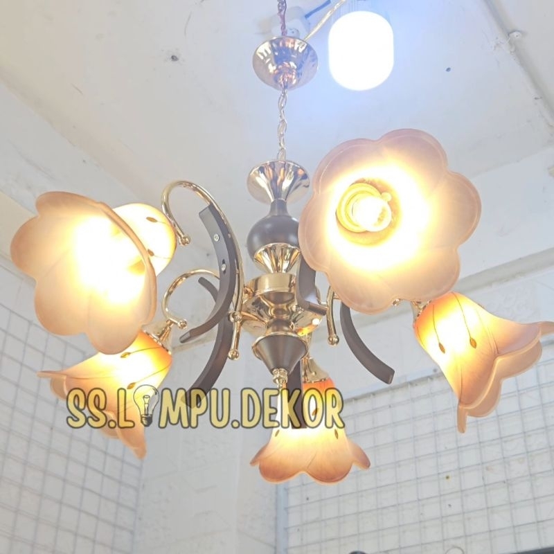 LAMPU GANTUNG HIAS MINIMALIS BUNGA COKLAT CABANG 5