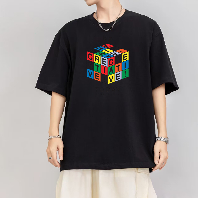 Kaos katun pria dengan motif Kubus Rubik - Kebesaran dan longgar -2257