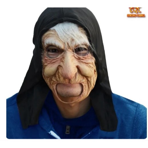 Topeng Cosplay Halloween Topeng Nenek Wanita Tua Jubah Hitam Bahan Latex Premium