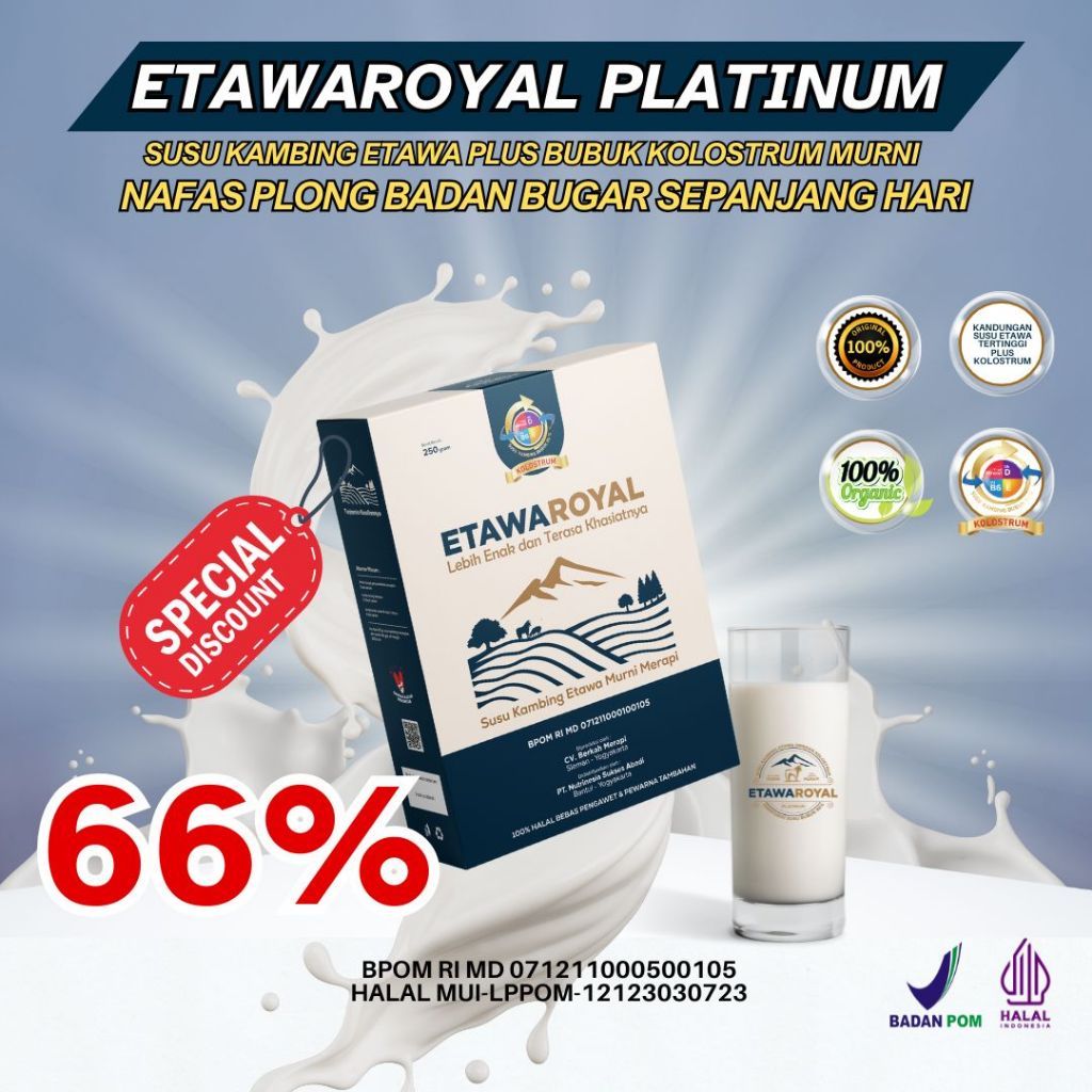

Susu kambing ETAWAROYAL/ETAWAPLUS PLATINUM terbuat dari 100% susu kambing etawa asli Untuk kepadatan tulang,pernafasan dan lain lainnya