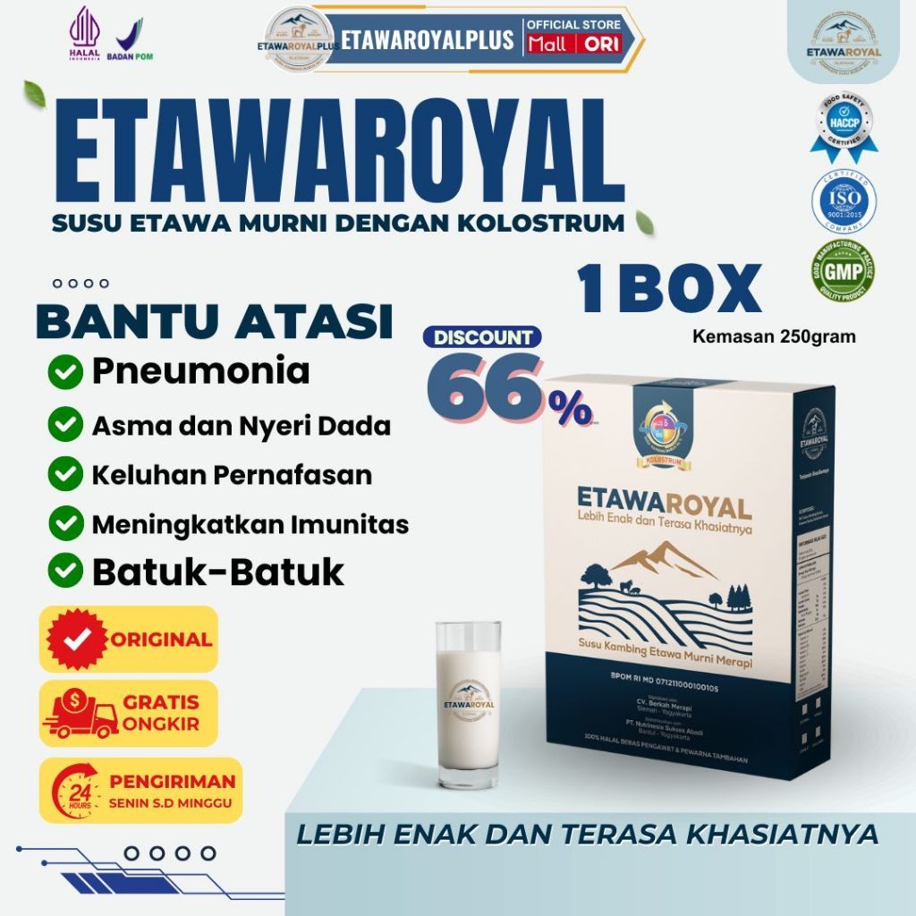 

Etawaplus Platinum / EtawaRoyal Platinum Untuk obat pernafasan / Susu Kambing / Susu Kambing Etawa / Susu Etawaku / Isi Kemasan 250gram