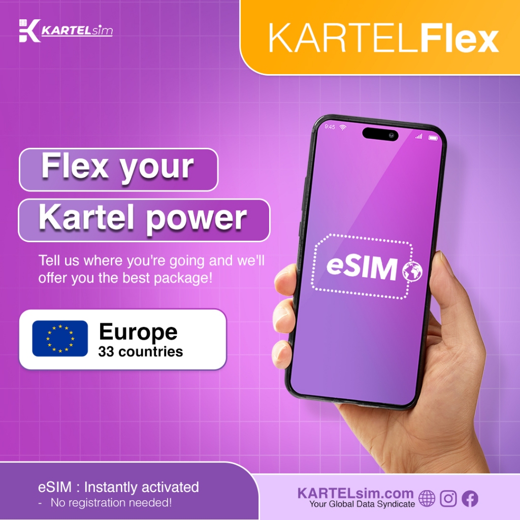 KARTELsim eSIM Europe 33 Countries | KartelFlex Unlimited Harian 2gb 2gb 4G 3gb  1-7 hari