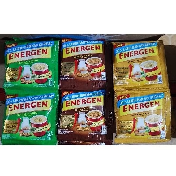 

energen rasa cokelat, rasa Vanila, rasa Kacang Hijau. per renteng 10sachet@34gram