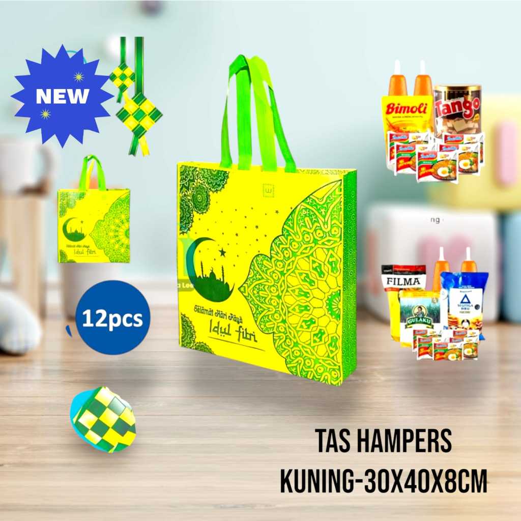 

Tas Hampers 12 Pcs Spundbond Press Tas Paket Idul Fitri Ramadhan Syukuran THR Biskuit Sirup