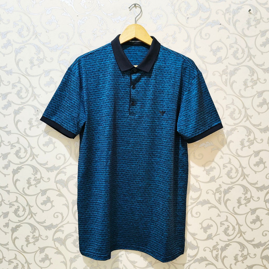 Kaos Polo Pria Polo Shirt Salur Emporio Armani Biru Teal Blue Stripe Original