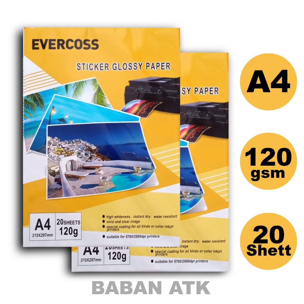 

Stiker Glosi Paper / Stiker Glosi Evercoss A4 210x297mm 120 Gsm - 1 Pak isi 20 lembar