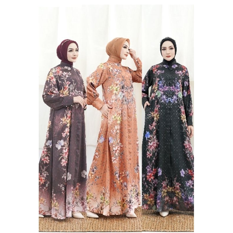 gamis Andara Series|dress muslim burgundy|baju lebaran|baju raya|dress motif bunga|dress murah